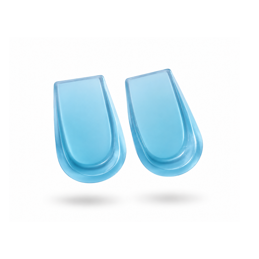 A pair of light blue, translucent, U-shaped protective pads or inserts floating against a solid white background with soft drop shadows.