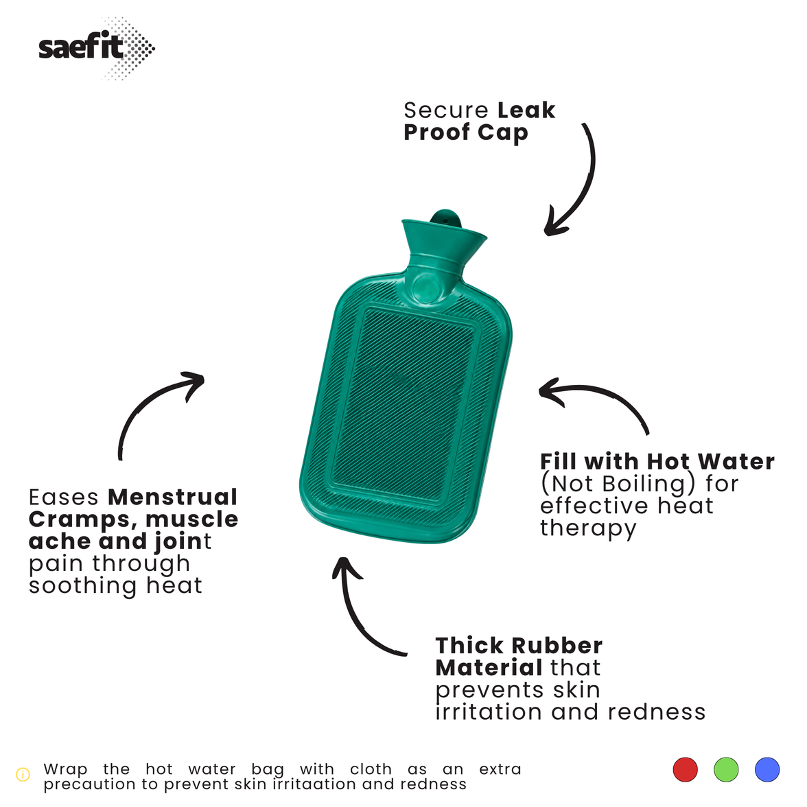 A teal hot water bag centered on a white background with four black callout arrows and explanatory text around it. The saefit logo appears in the top left corner.