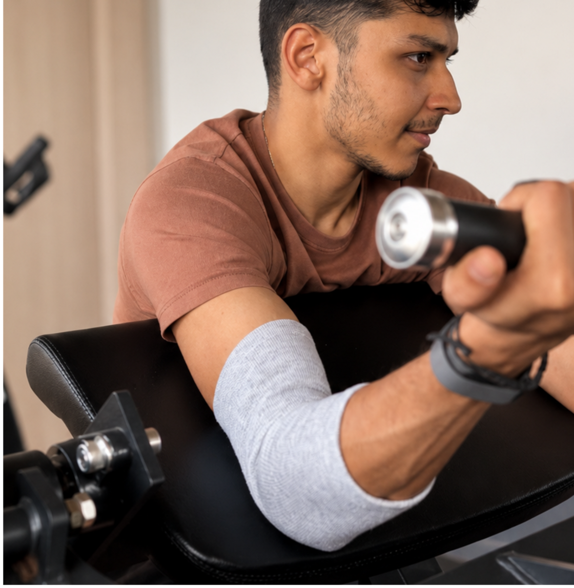 A man in a gym using a seated arm exercise machine, wearing a brown t-shirt and a light gray arm sleeve, gripping a black and silver handlebar.