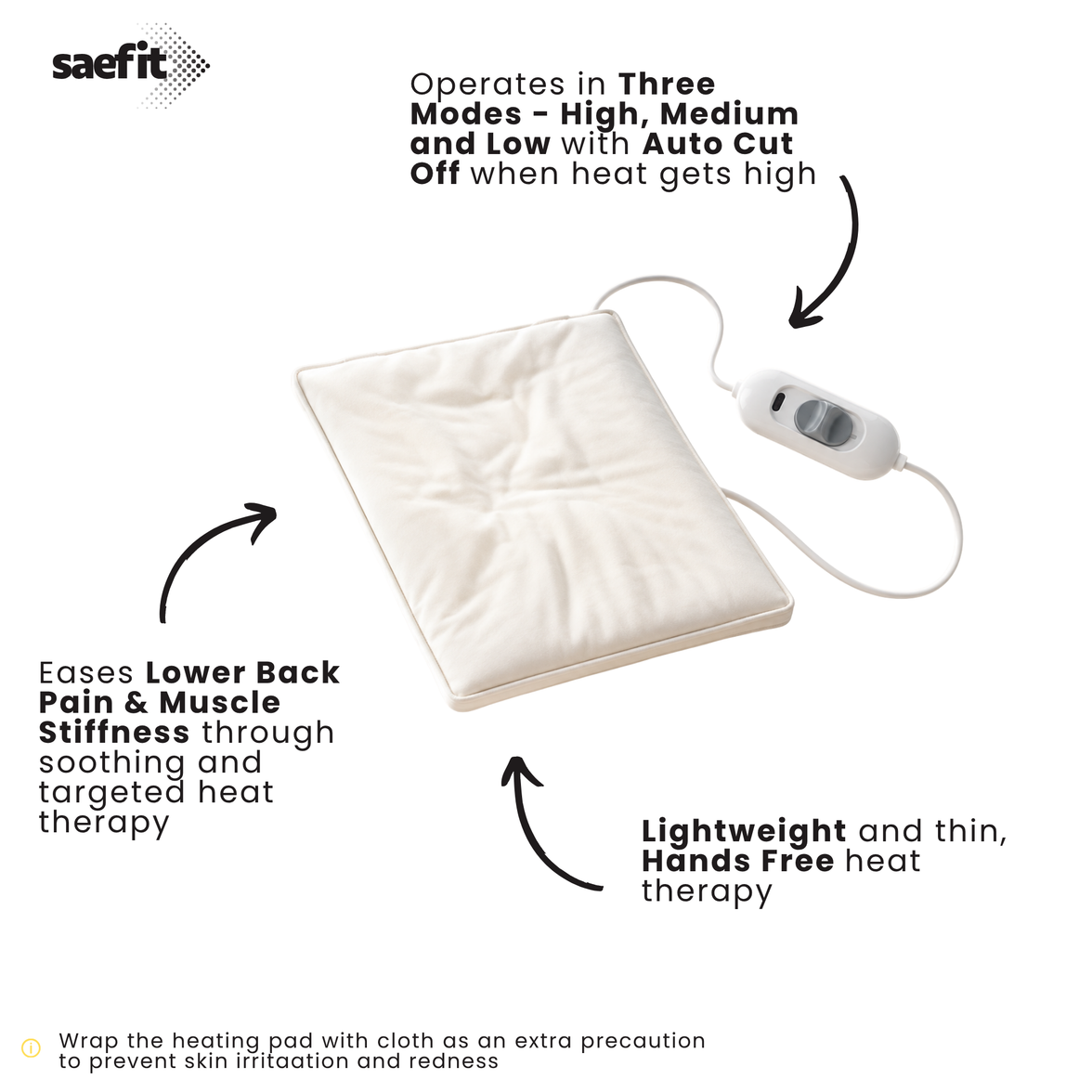 An electric heat therapy pad with a white controller cord, shown on a white background with descriptive text callouts and the saefit logo.