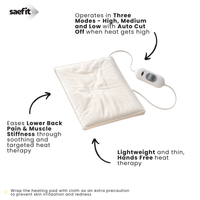 An electric heat therapy pad with a white controller cord, shown on a white background with descriptive text callouts and the saefit logo.