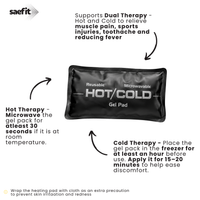 A black reusable microwavable gel pad labeled HOT/COLD, centered on a white background with explanatory text and arrows for hot and cold therapy use. The brand saefit appears in the top left.