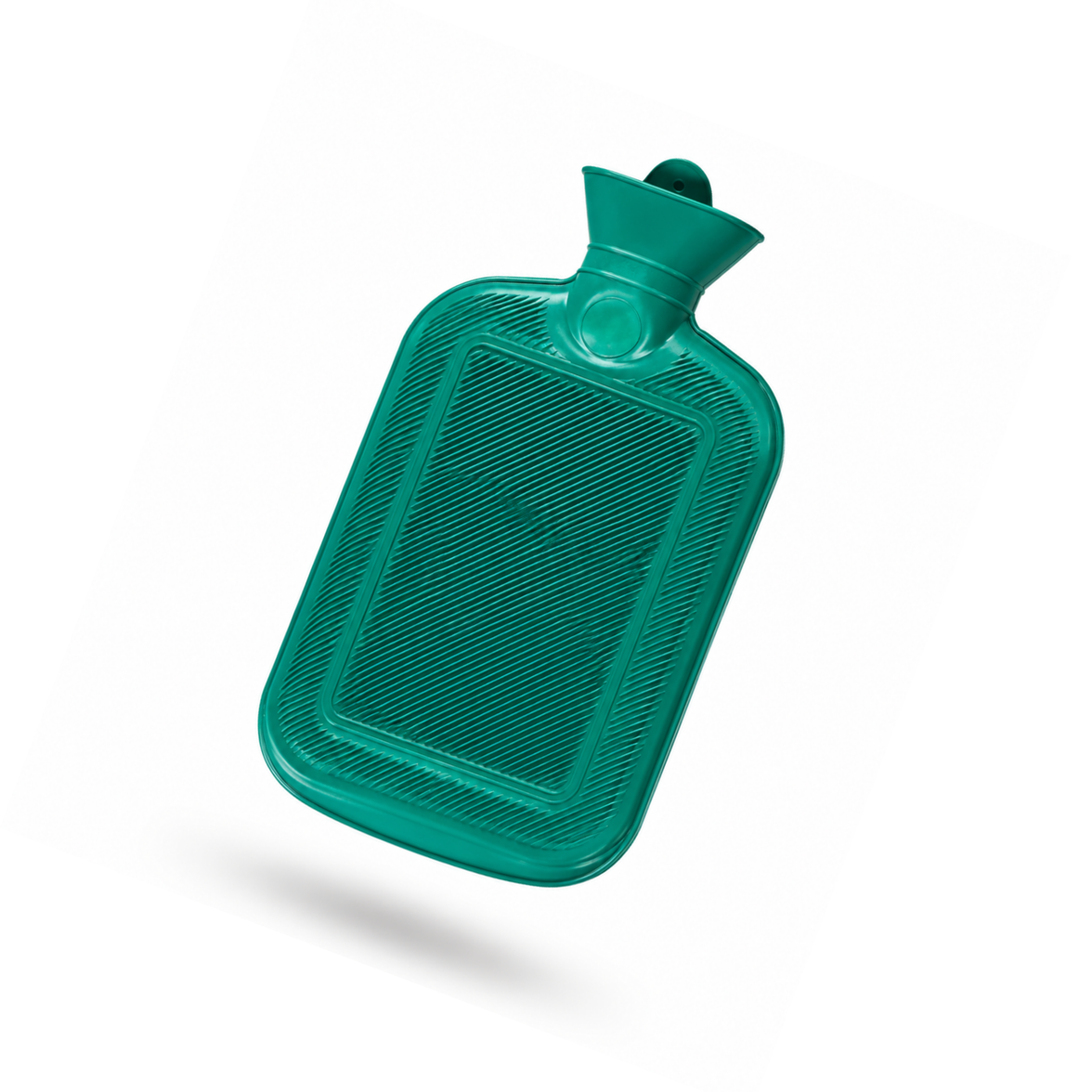 A teal green hot water bottle with a textured surface and a small cap, shown floating on a white background with a soft shadow underneath.