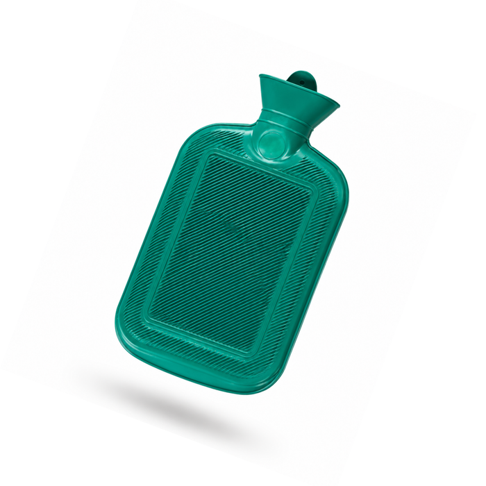 A teal green hot water bottle with a textured surface and a small cap, shown floating on a white background with a soft shadow underneath.