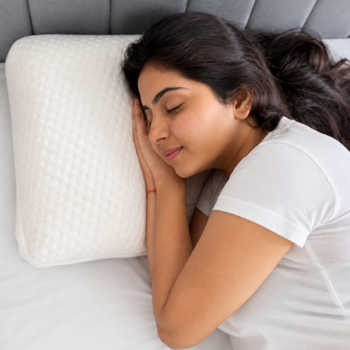 A woman rests her head on a white textured pillow on a bed with white sheets and a gray headboard, wearing a white t-shirt.
