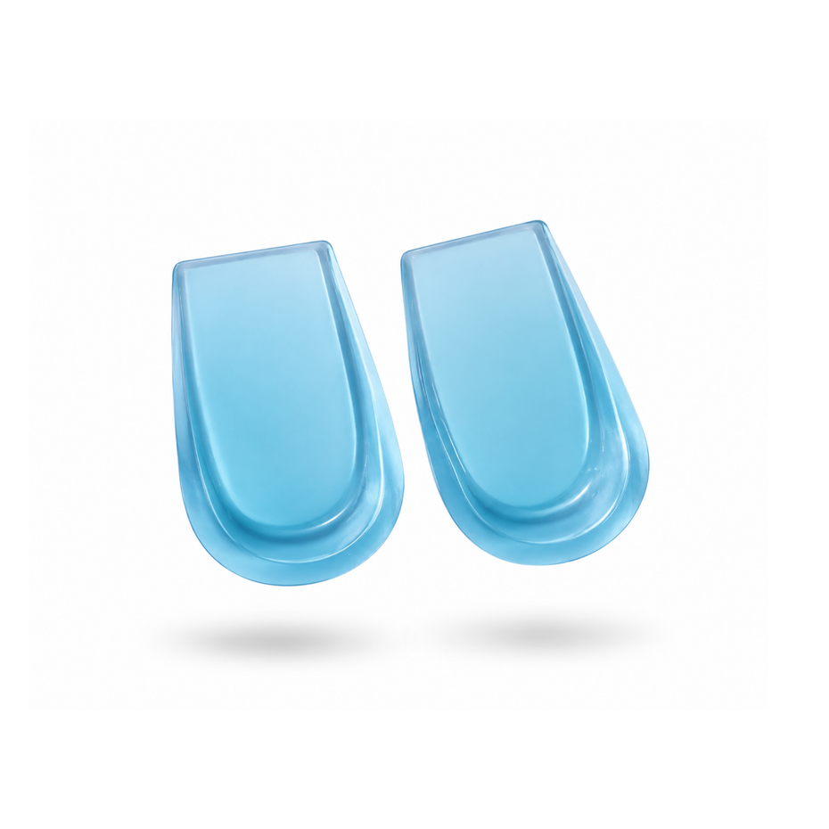 A pair of light blue, translucent, U-shaped protective pads or inserts floating against a solid white background with soft drop shadows.